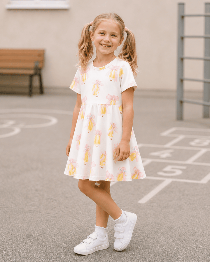 Young girl in a white dress with yellow floral pattern standing on a playground.
