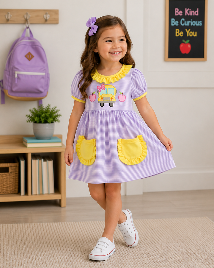 Young girl in purple stripe back to school dress