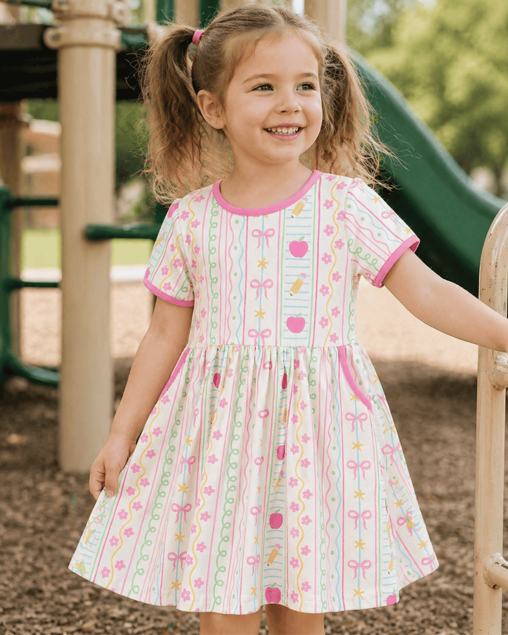 Young girl in a patterned dress standing on a playground