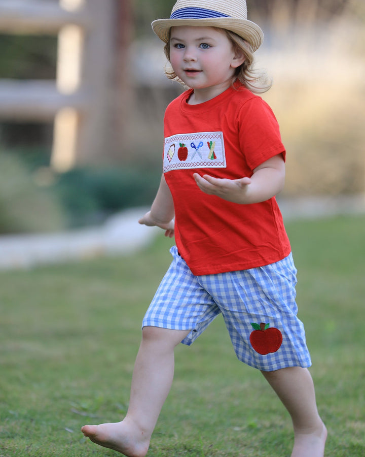 Child wearing a red shirt and blue checkered shorts with apple design outdoors.