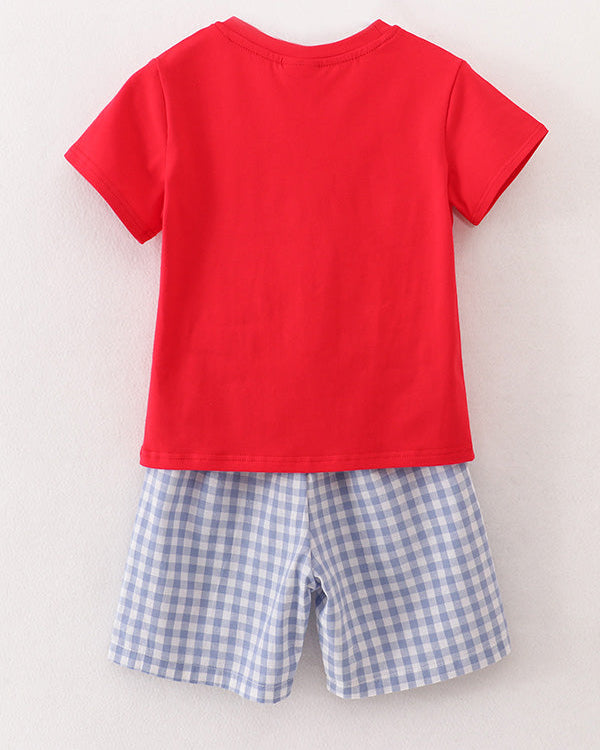 Red t-shirt and blue checkered shorts on a light gray background