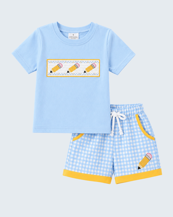Blue pencil applique boys shorts set