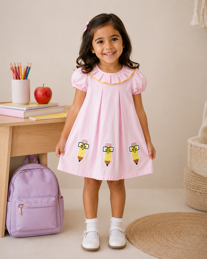 Young girl in a pink dress with pencil designs, standing next to a wooden table with stationery items.