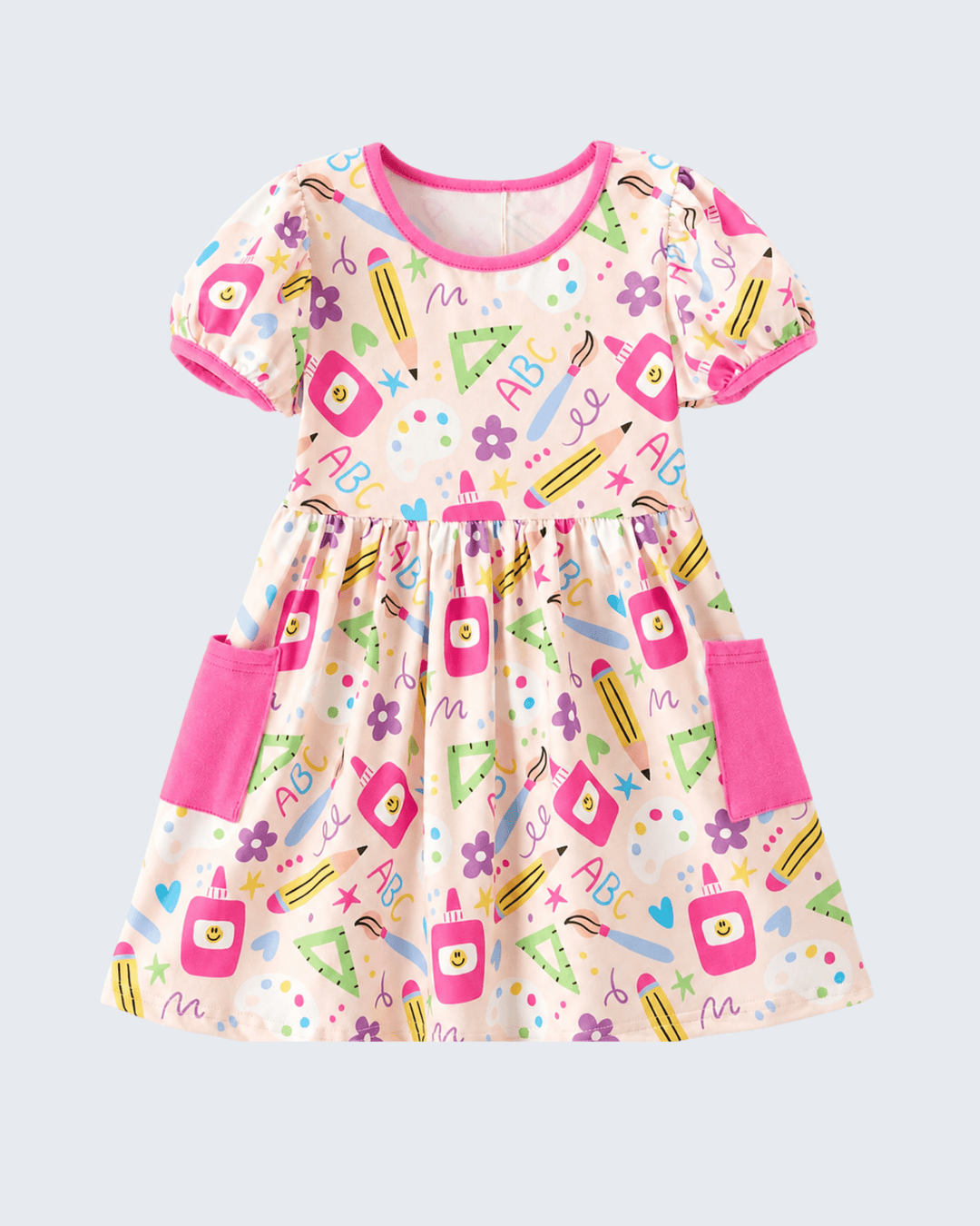 Children's dress with colorful print on a white background