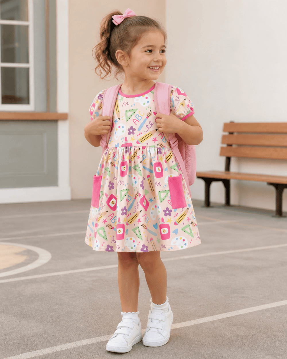 Girl in pink dress with pencils in school yard