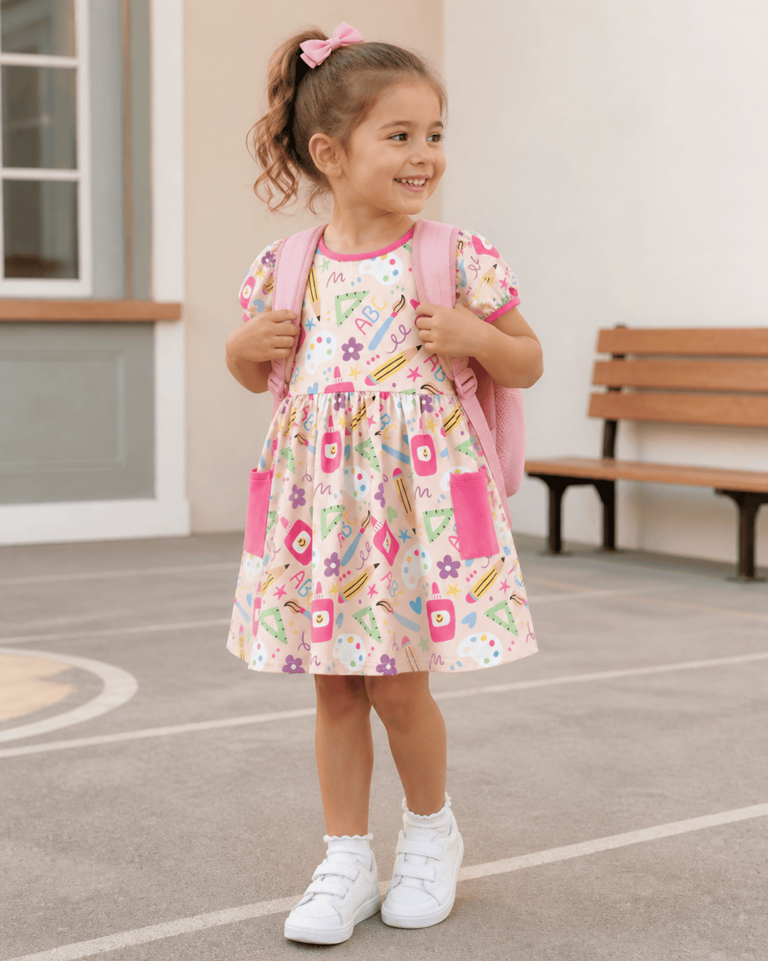 Girl in pink dress with pencils in school yard