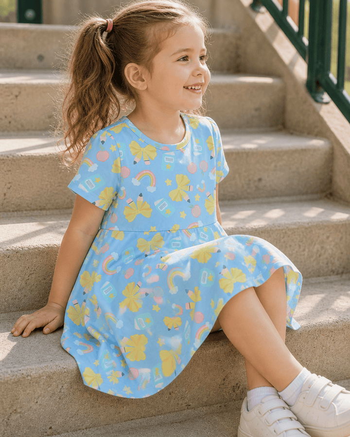 Girl in blue dress with rainbows and bows sitting on steps.