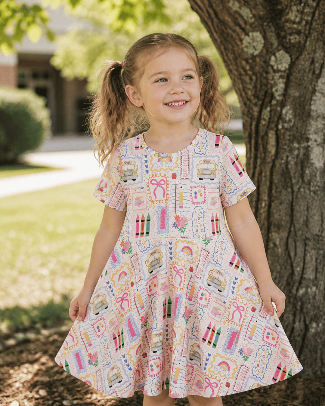 Toddler girl in dress with pencils by tree