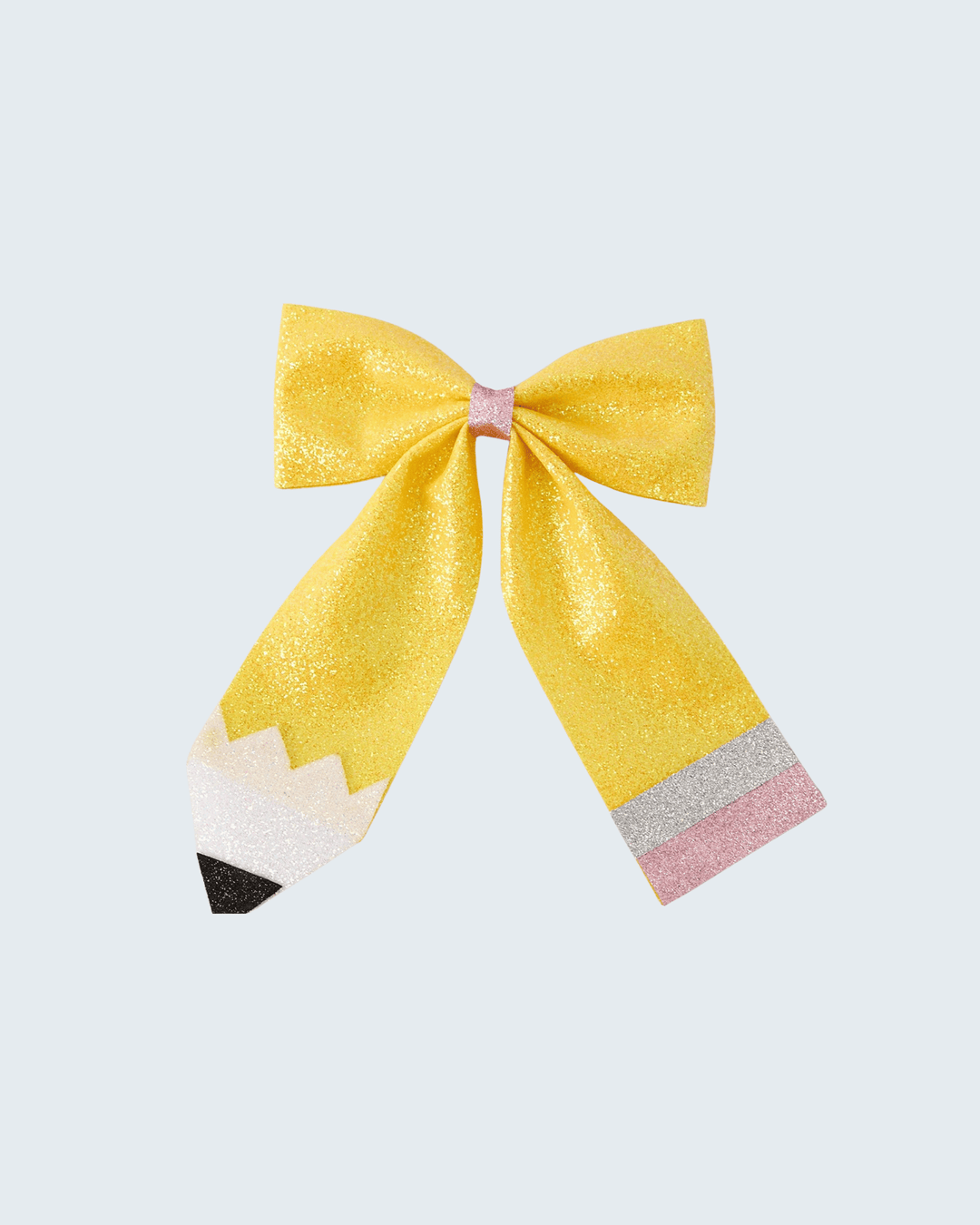 Yellow glittery bow with a pencil design on a light gray background