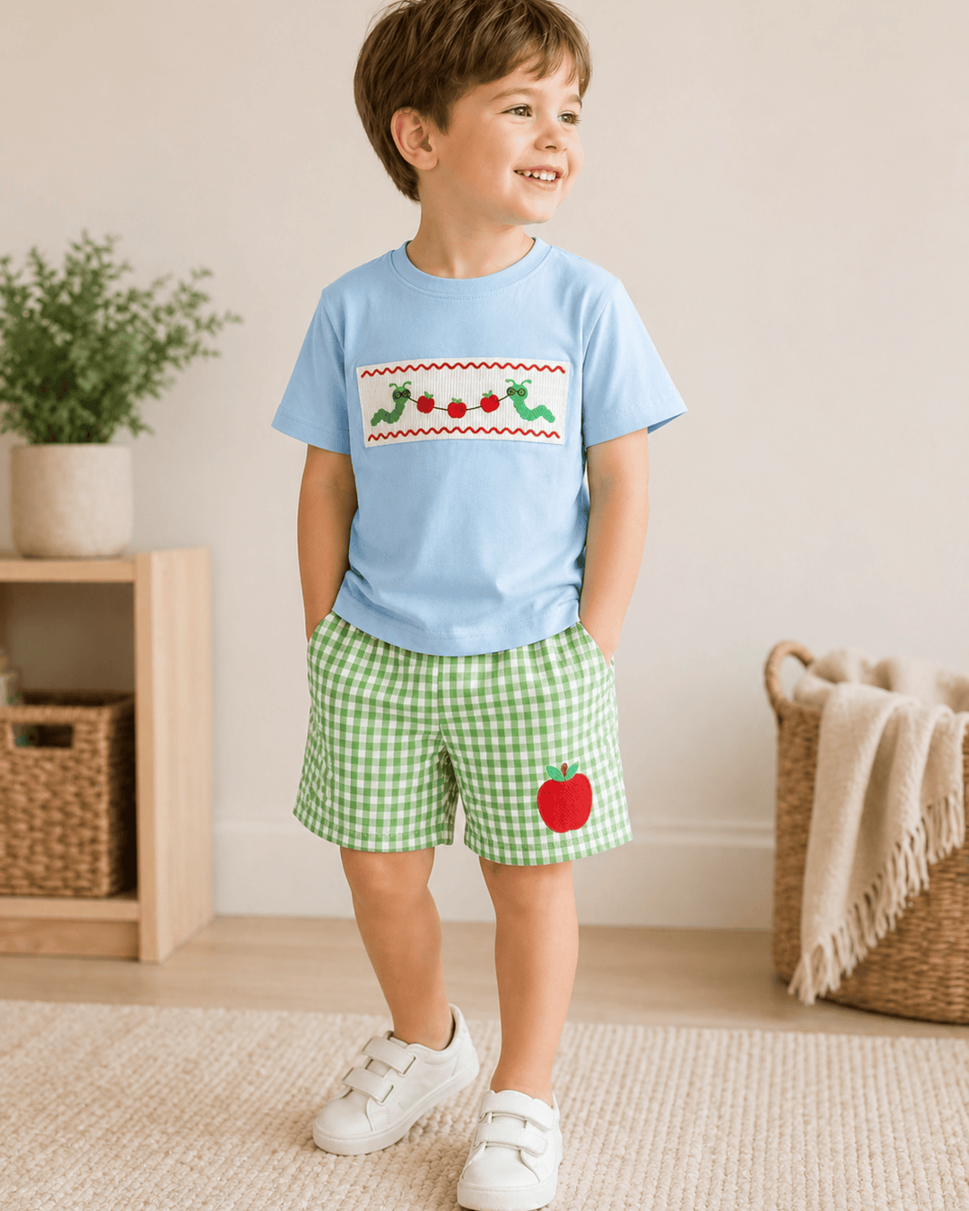 Child wearing a blue shirt with a graphic design and green checkered shorts with an apple, standing in a room with a plant and baskets.