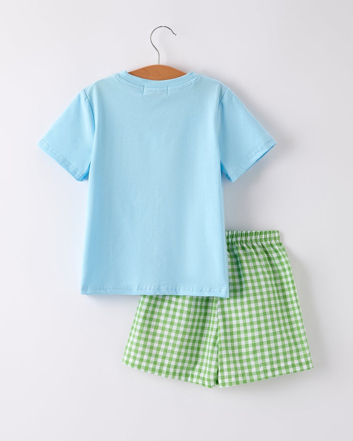 Light blue t-shirt and green checkered shorts set on a white background