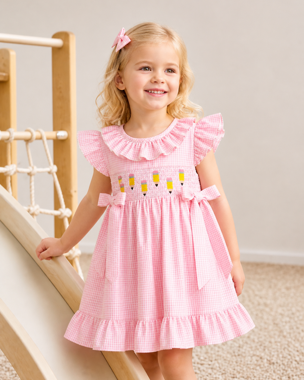 Young girl wearing a pink dress with ruffled sleeves and yellow duck design, standing indoors.