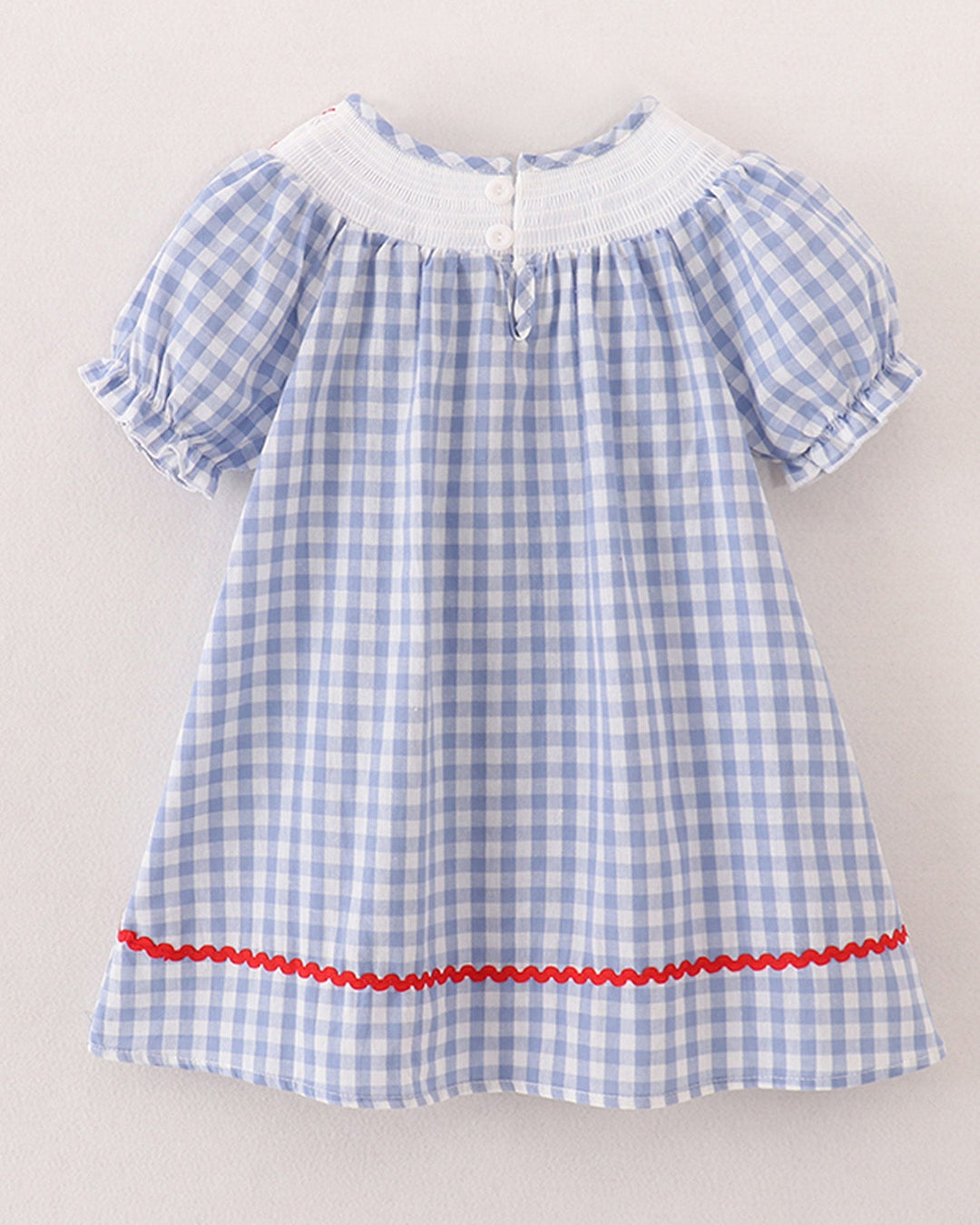 Blue and white checkered dress with red trim on a light gray background