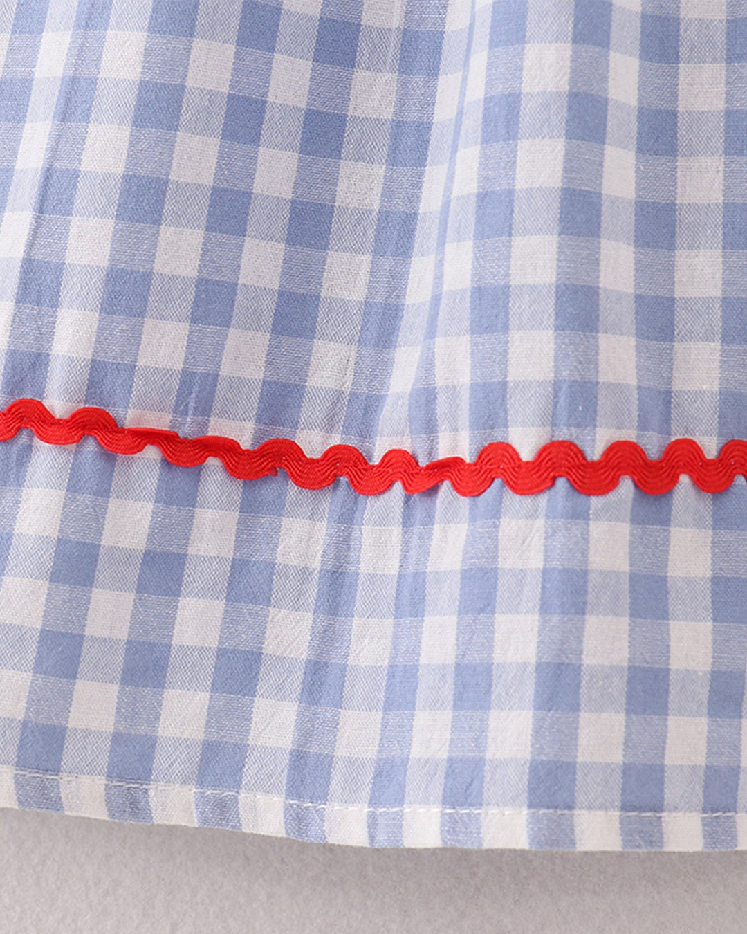 Close-up of blue and white checkered fabric with red trim on a gray background