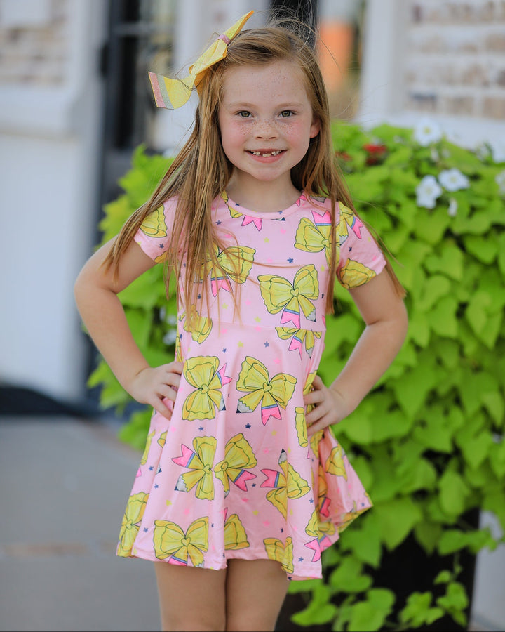 Back to School Yellow Bow Print Dress