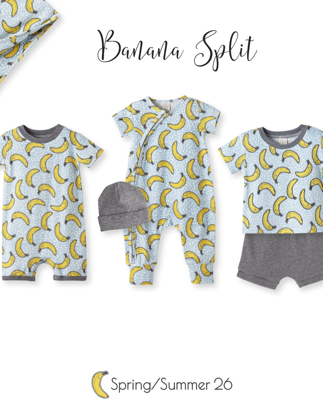 Baby clothing set with banana pattern on a white background