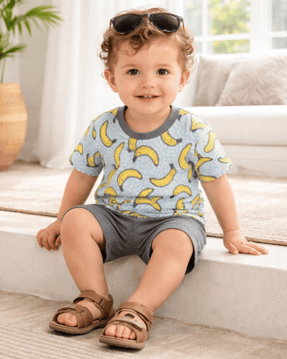 Child wearing a banana-patterned shirt sitting on a couch.