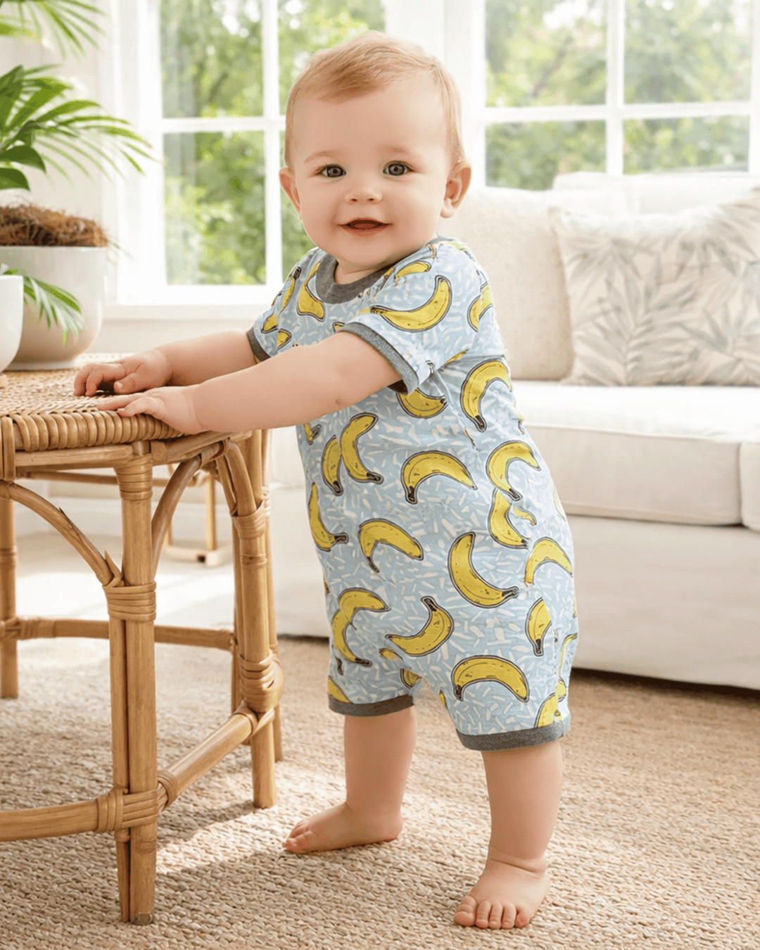 Baby wearing a banana-patterned onesie standing in a living room.