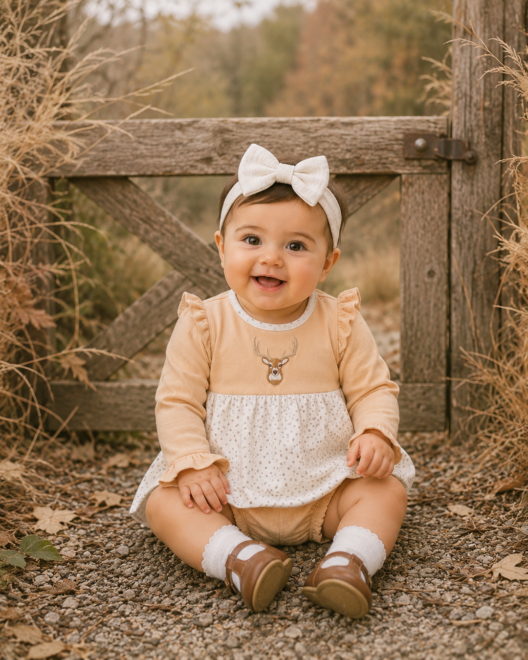 A baby girl sitting outdoors in front of a rustic wooden gate, wearing a peach and white polka dot romper, a white bow headband, and brown shoes.