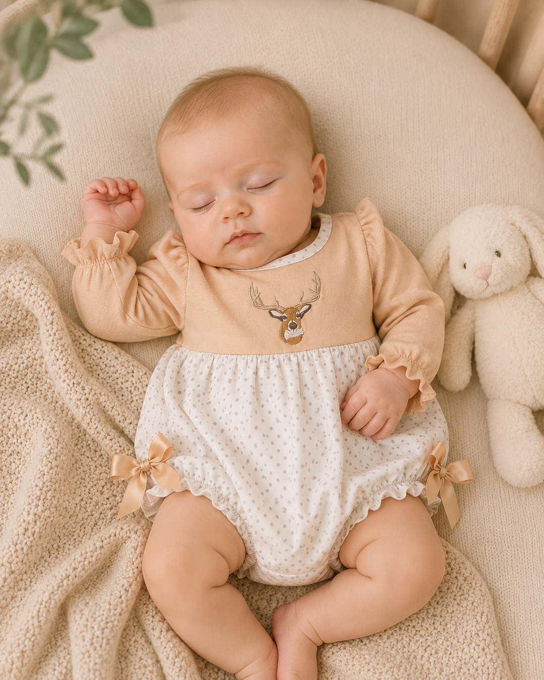 A sleeping baby wearing a beige long-sleeve romper with a deer graphic and white dotted bloomers, lying on a textured cream blanket next to a white stuffed bunny.