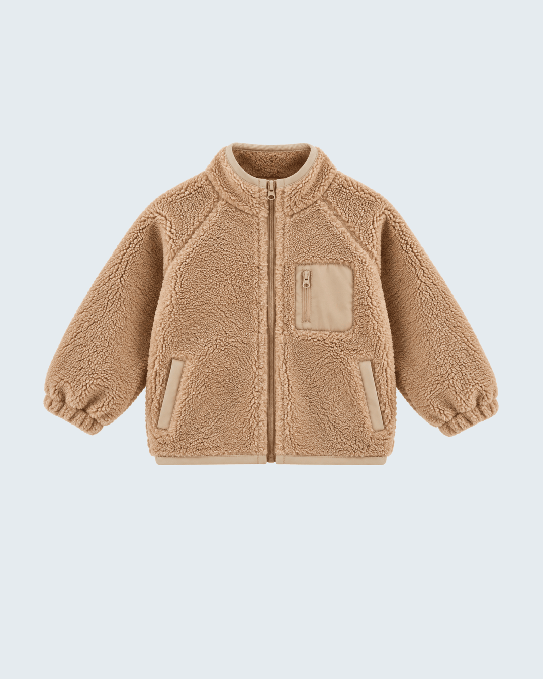 Beige fleece zip-up jacket with stand collar, full zipper, two side pockets