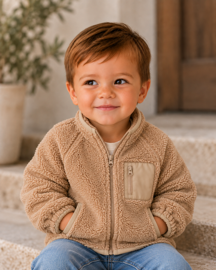 Beige fleece zip-up jacket on child, zip front and chest pocket with flap