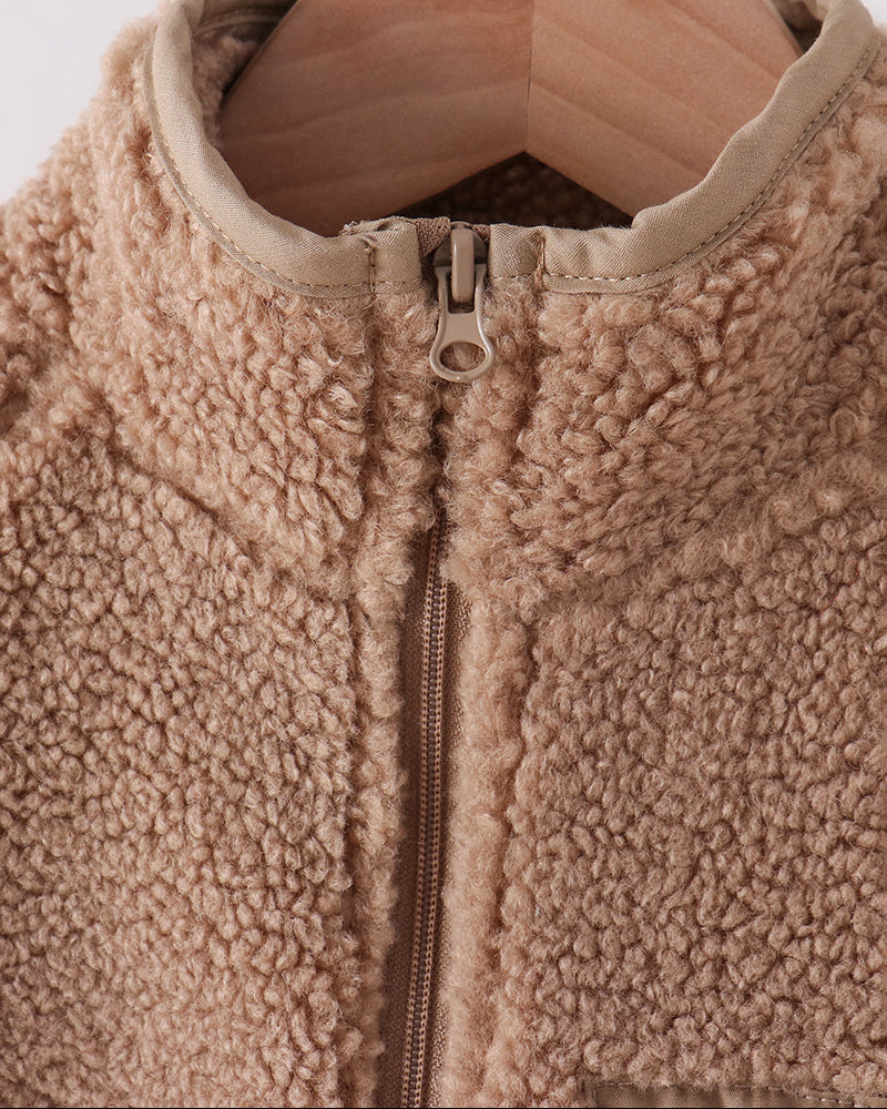Beige sherpa fleece jacket with full zipper and stand-up collar