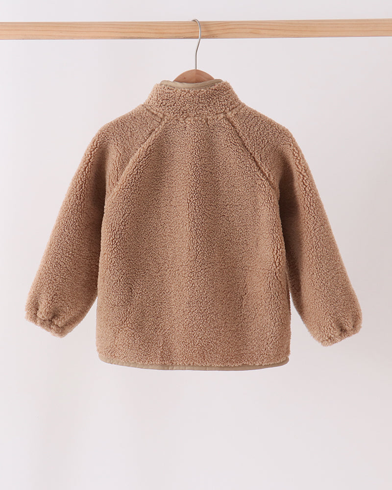 Beige fleece zip-up jacket with long sleeves and stand collar