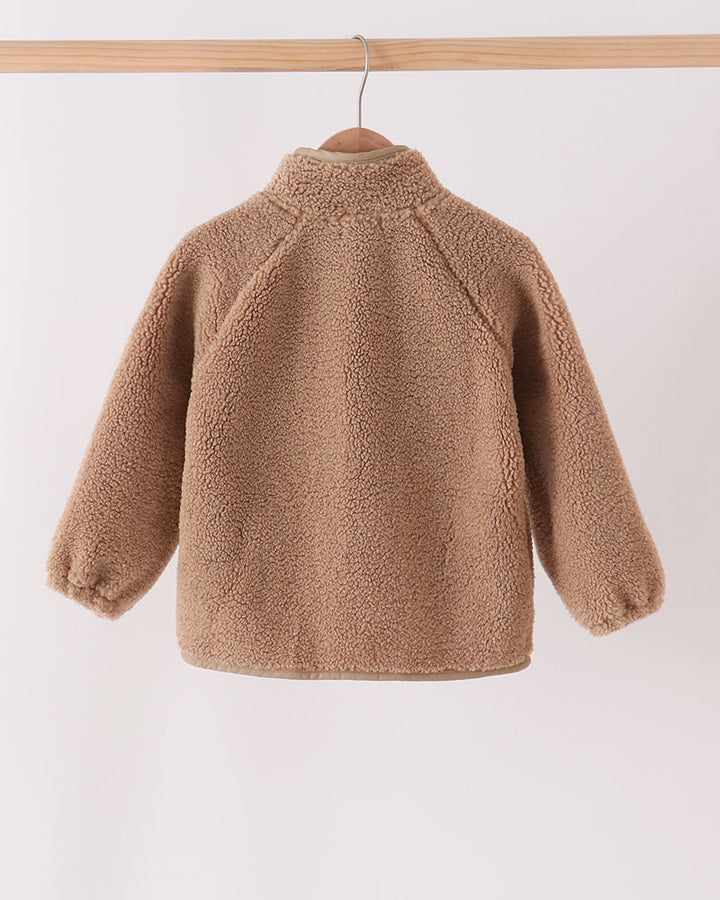 Beige fleece zip-up jacket with long sleeves and stand collar