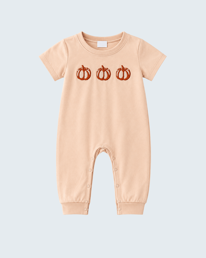 Beige short-sleeve romper with pumpkin embroidery and snap button legs
