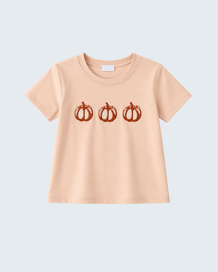 Beige crew-neck tee with orange pumpkin embroidery