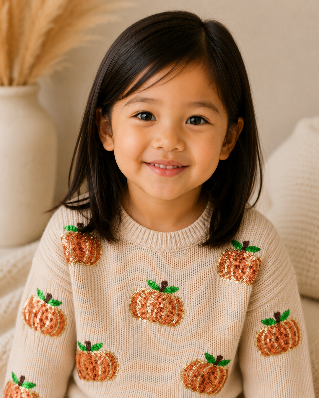 A young girl with dark hair smiling while wearing a cream-colored knit sweater decorated with orange and green pumpkin motifs, set against a cozy indoor background.