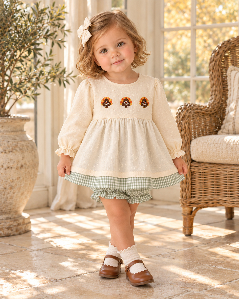 Embroidered cream top and green gingham bloomer set on a child