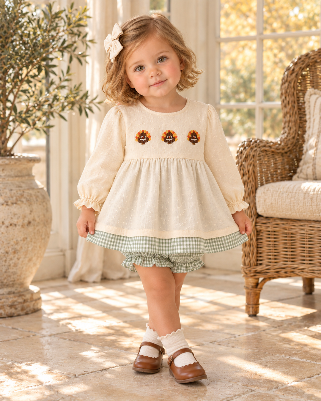 Embroidered cream top and green gingham bloomer set on a child