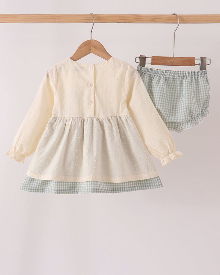 Beige embroidered gingham bloomer set with long sleeves and gathered skirt