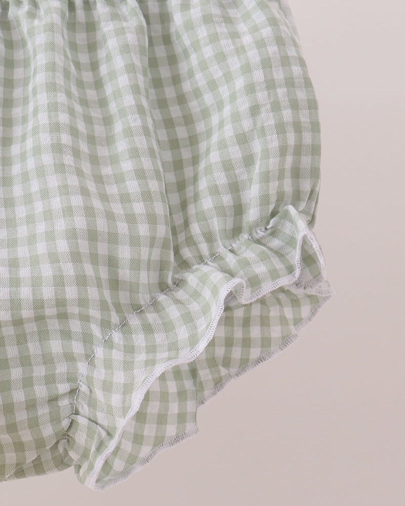 Green gingham bloomer with gathered leg ruffle and white trim