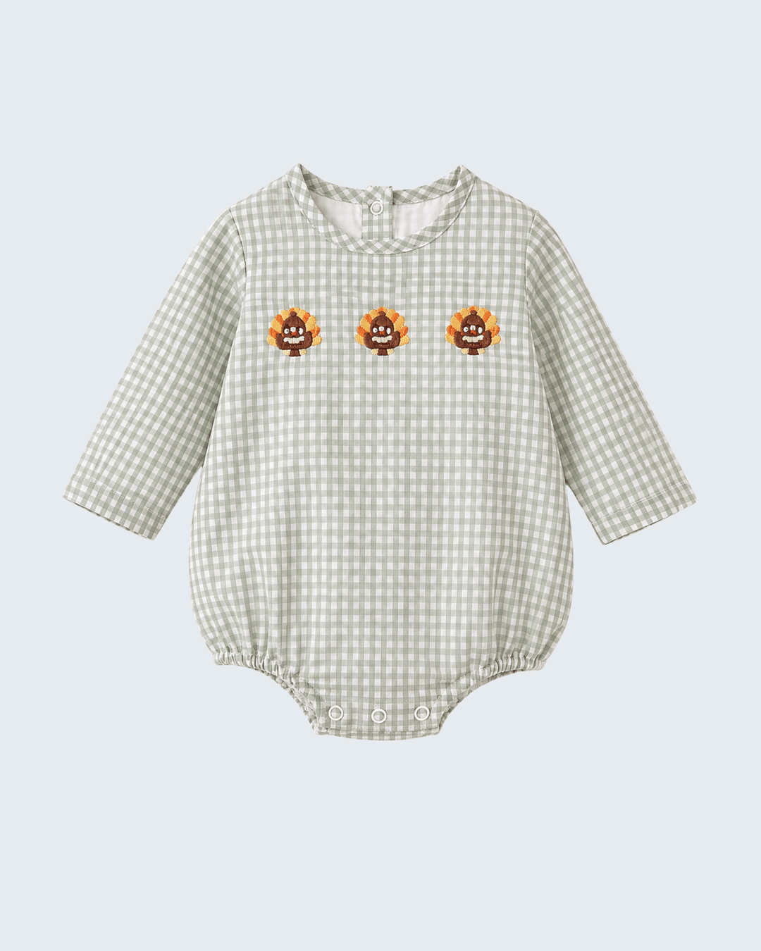 Beige gingham baby bubble romper with embroidered turkey motifs and long sleeves