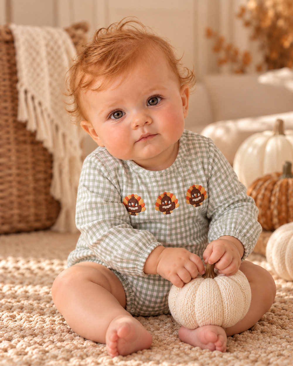Beige gingham baby romper with embroidered turkey front, long sleeves, snap bottom