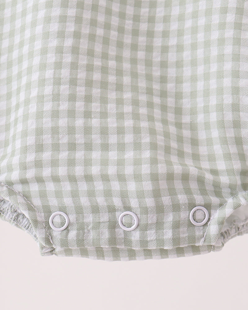Green gingham baby romper bottom with snap buttons and elastic leg openings