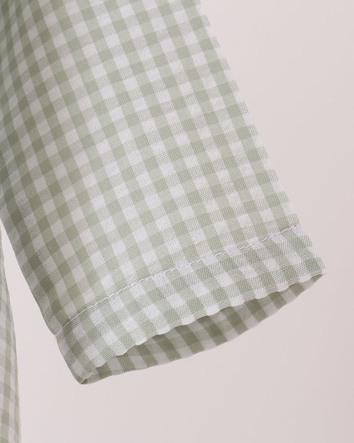 Green gingham long sleeve with stitched hem and elastic bubble-style bottom