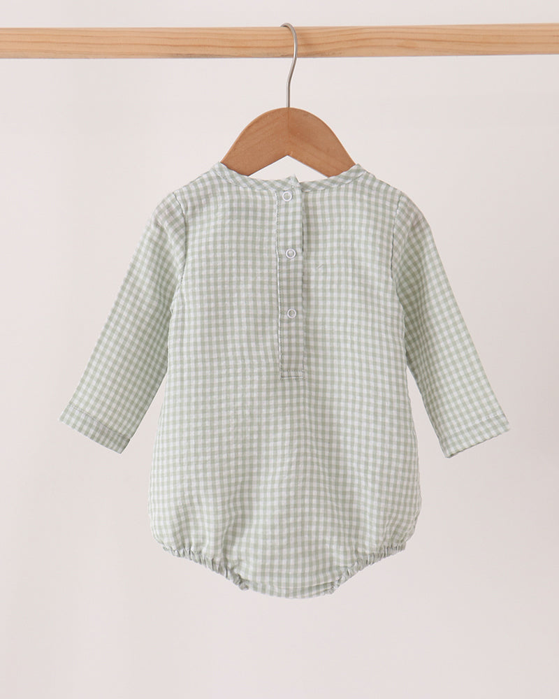 Green gingham baby bubble romper back view with button placket and long sleeves