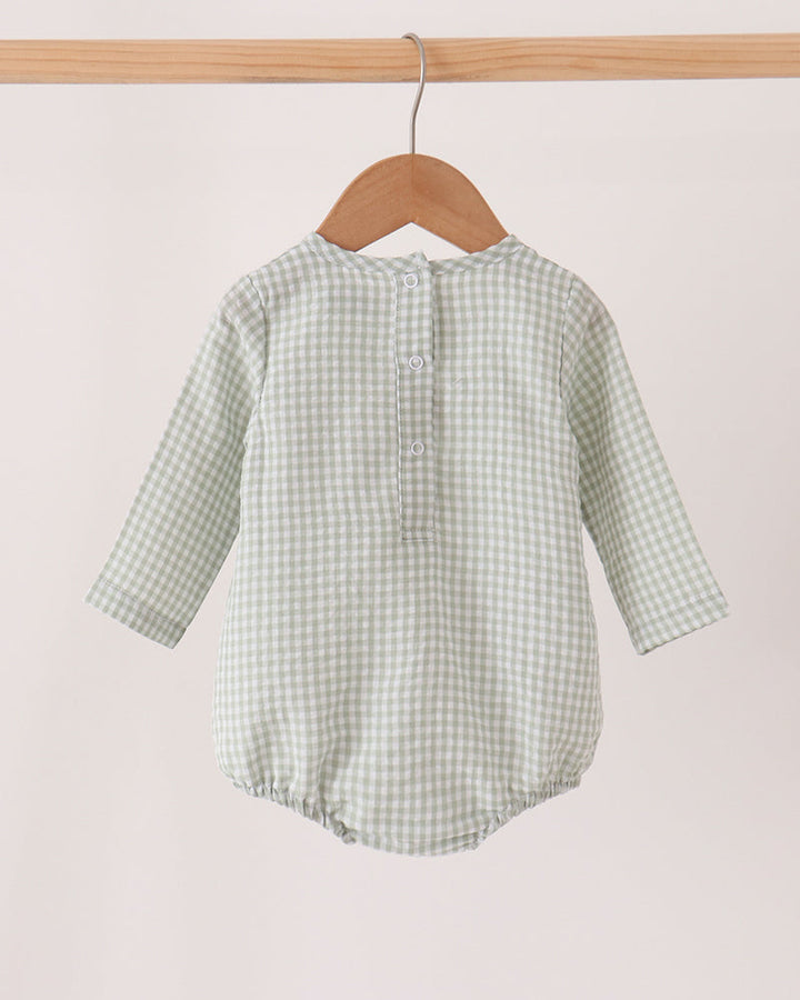 Green gingham baby bubble romper back view with button placket and long sleeves