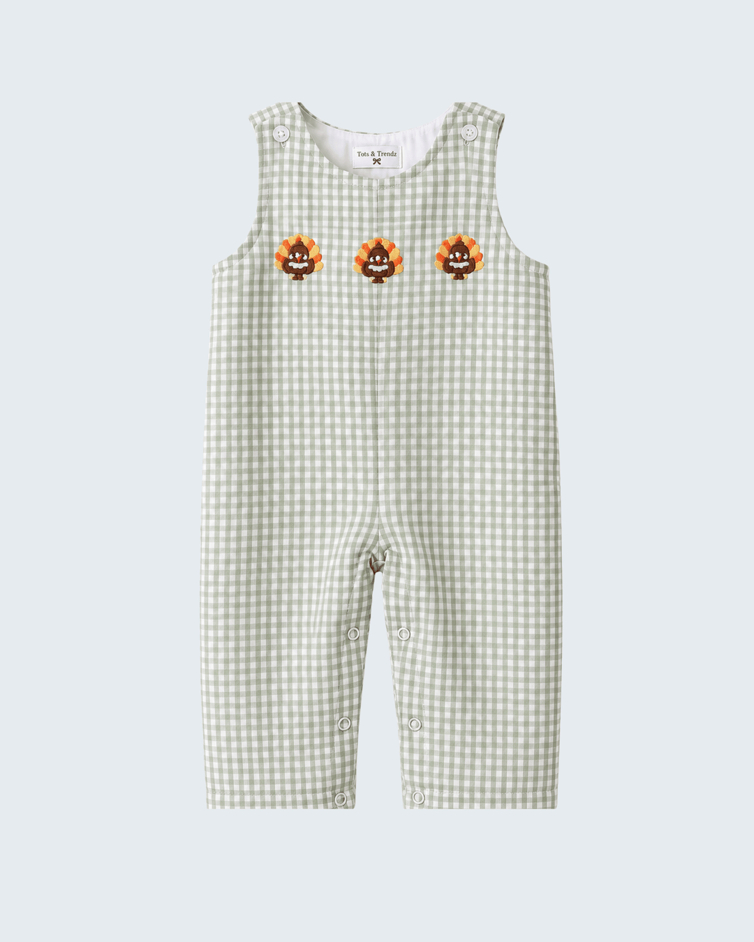 Beige gingham jon jon with turkey embroidery, sleeveless romper with buttons