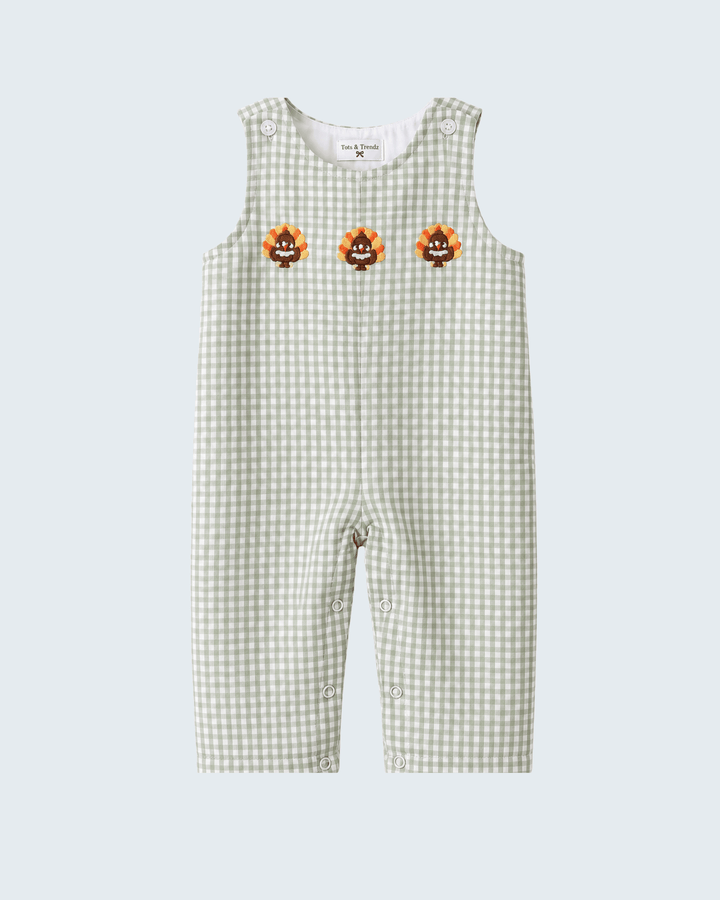 Beige gingham jon jon with turkey embroidery, sleeveless romper with buttons