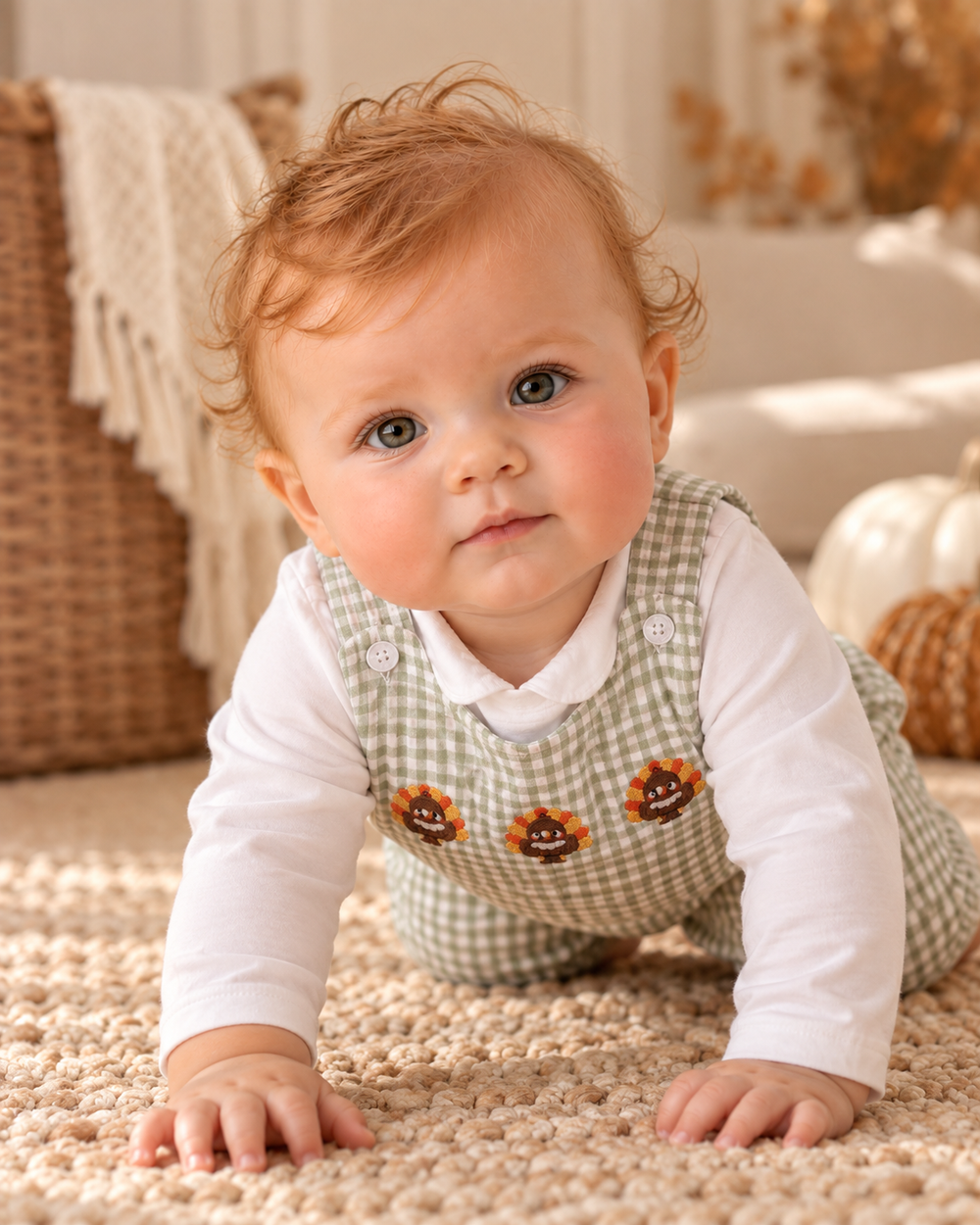 Beige gingham jon jon romper with turkey applique; sleeveless with button straps