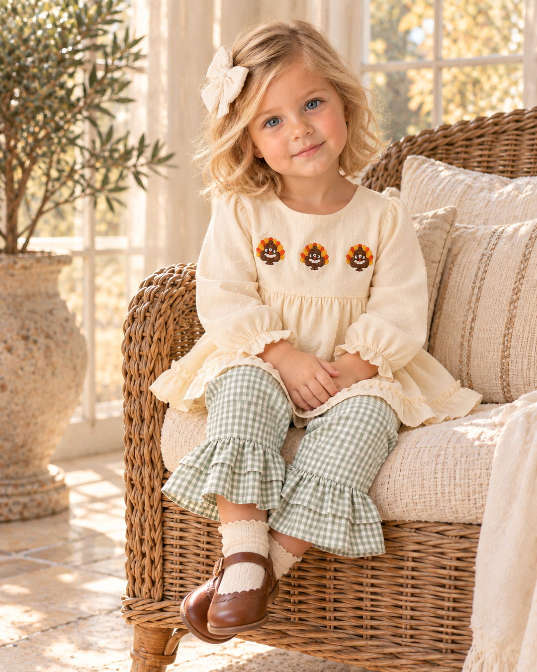 Cream ruffle dress with embroidered flowers and green gingham ruffle pants