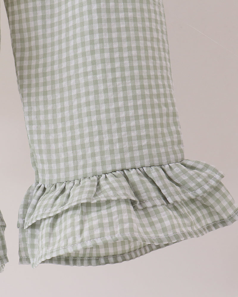 Green gingham ruffle cuff and gathered pant hem with elastic waist pants