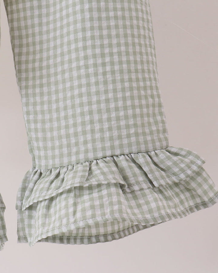 Green gingham ruffle cuff and gathered pant hem with elastic waist pants