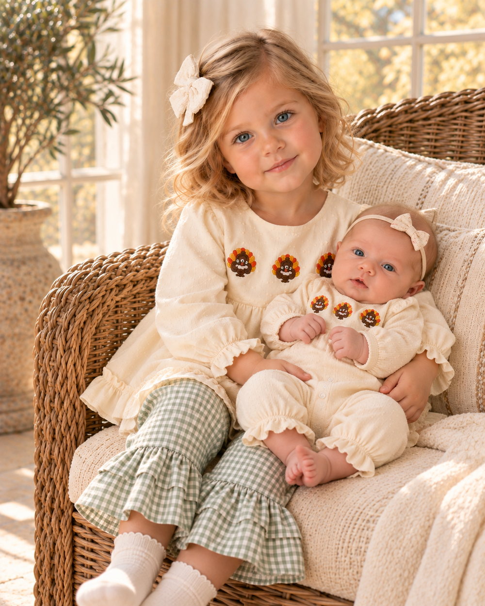 Beige embroidered ruffle romper with puff sleeves and front floral appliques