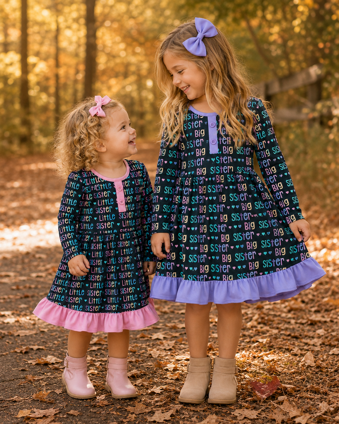 Two young girls in matching dresses standing in a forest during autumn.